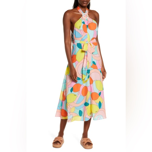 Modern Lemon-Print Dress: Staud Kai Halter Midi Dress Retro Vibe Large NEW - Picture 1 of 10